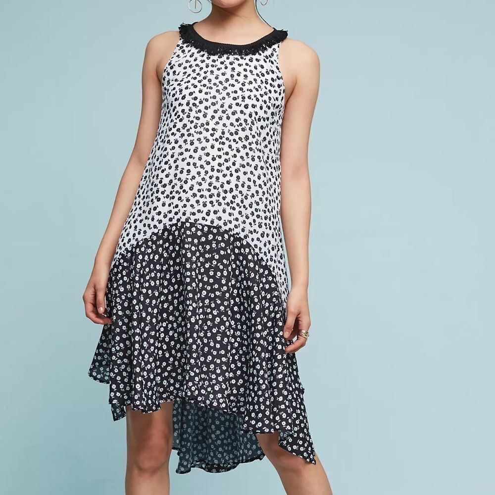 Anthropologie Eva Franco Flounced Dress Black White SZ 10 NEW